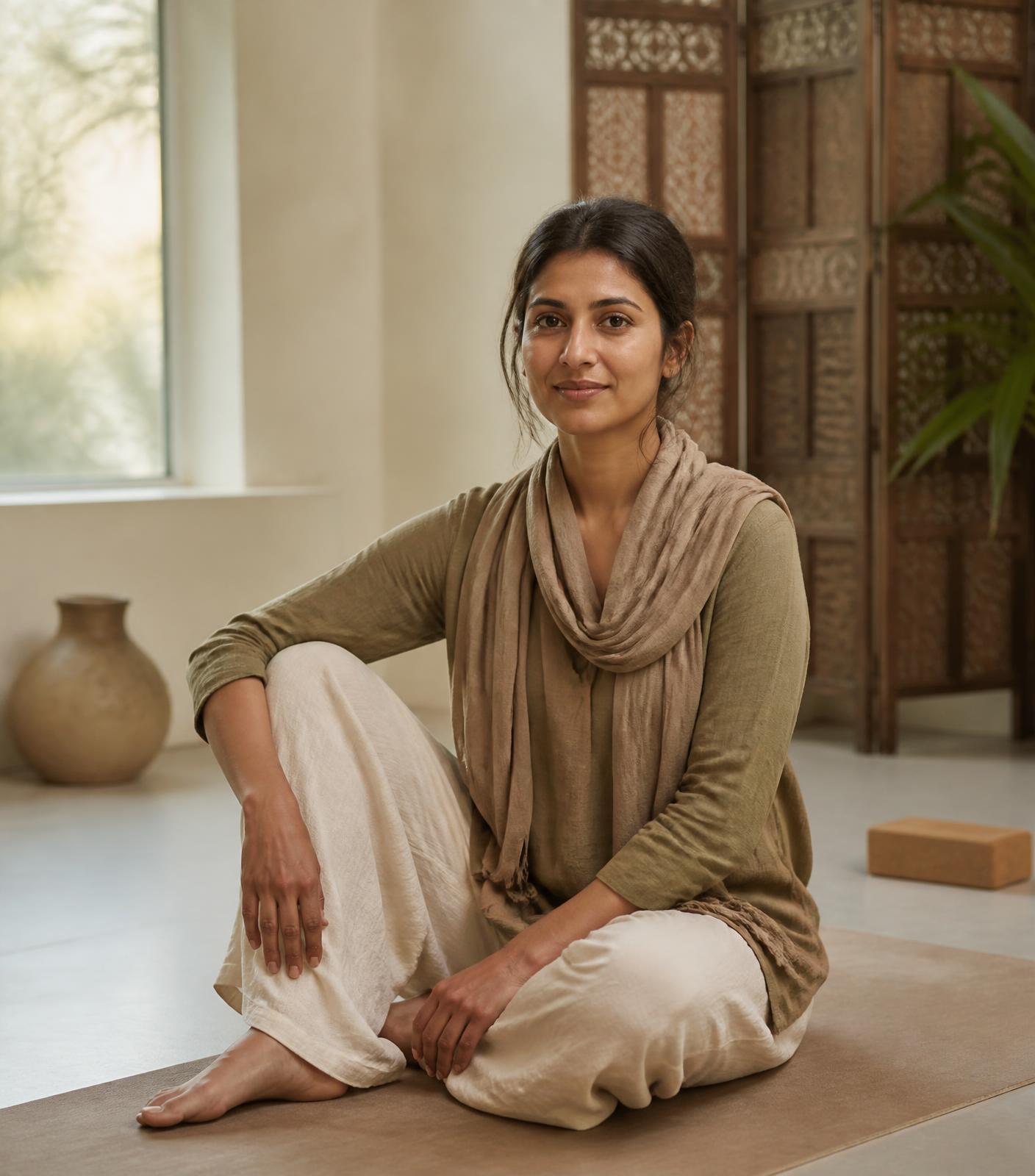 A yoga instructor seated in a quiet, sunlit studio in India