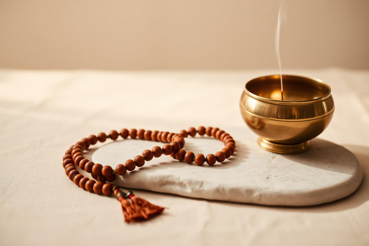 Rudraksha mala beads beside a brass singing bowl