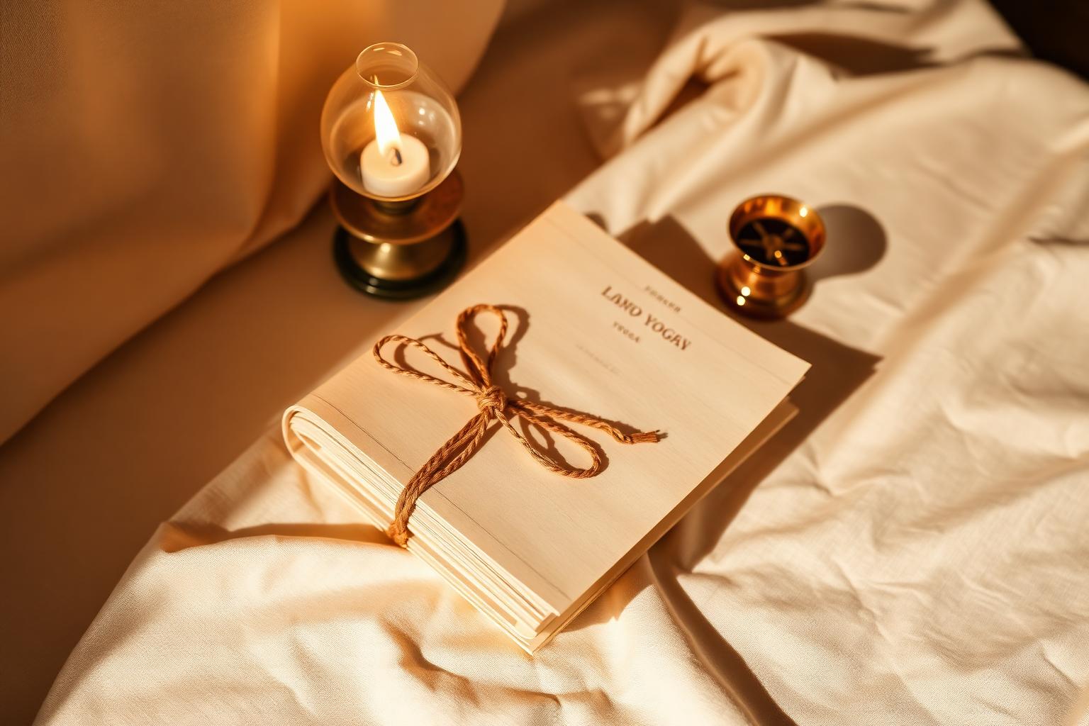 A cord-bound manuscript beside a brass oil lamp