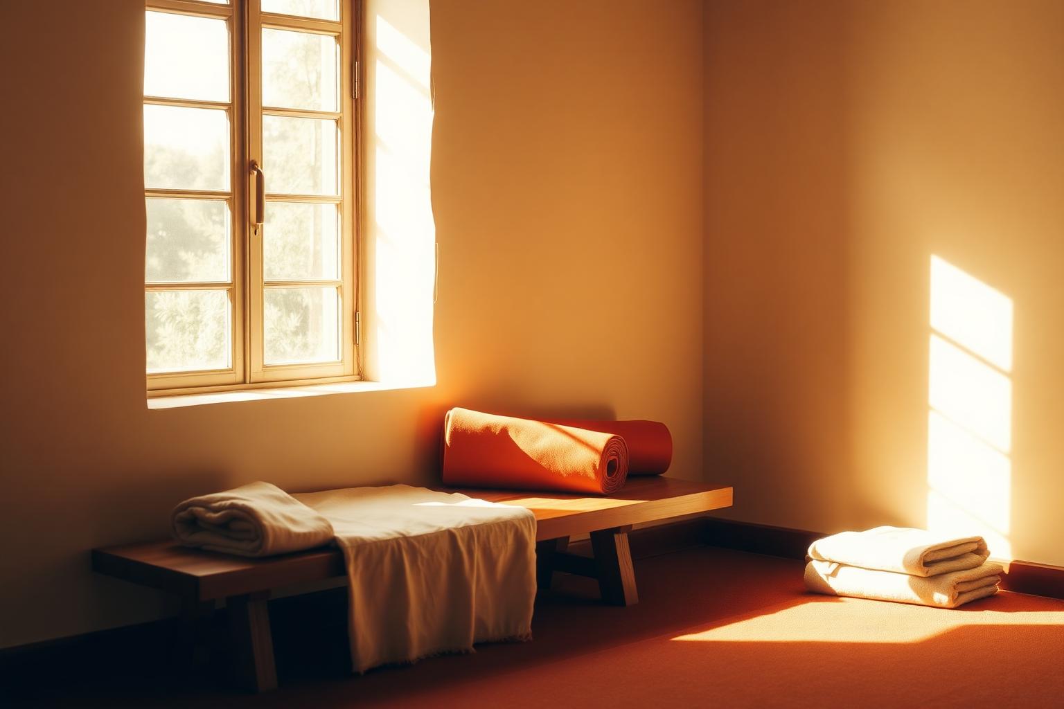 A sunlit practice corner with a rolled yoga mat