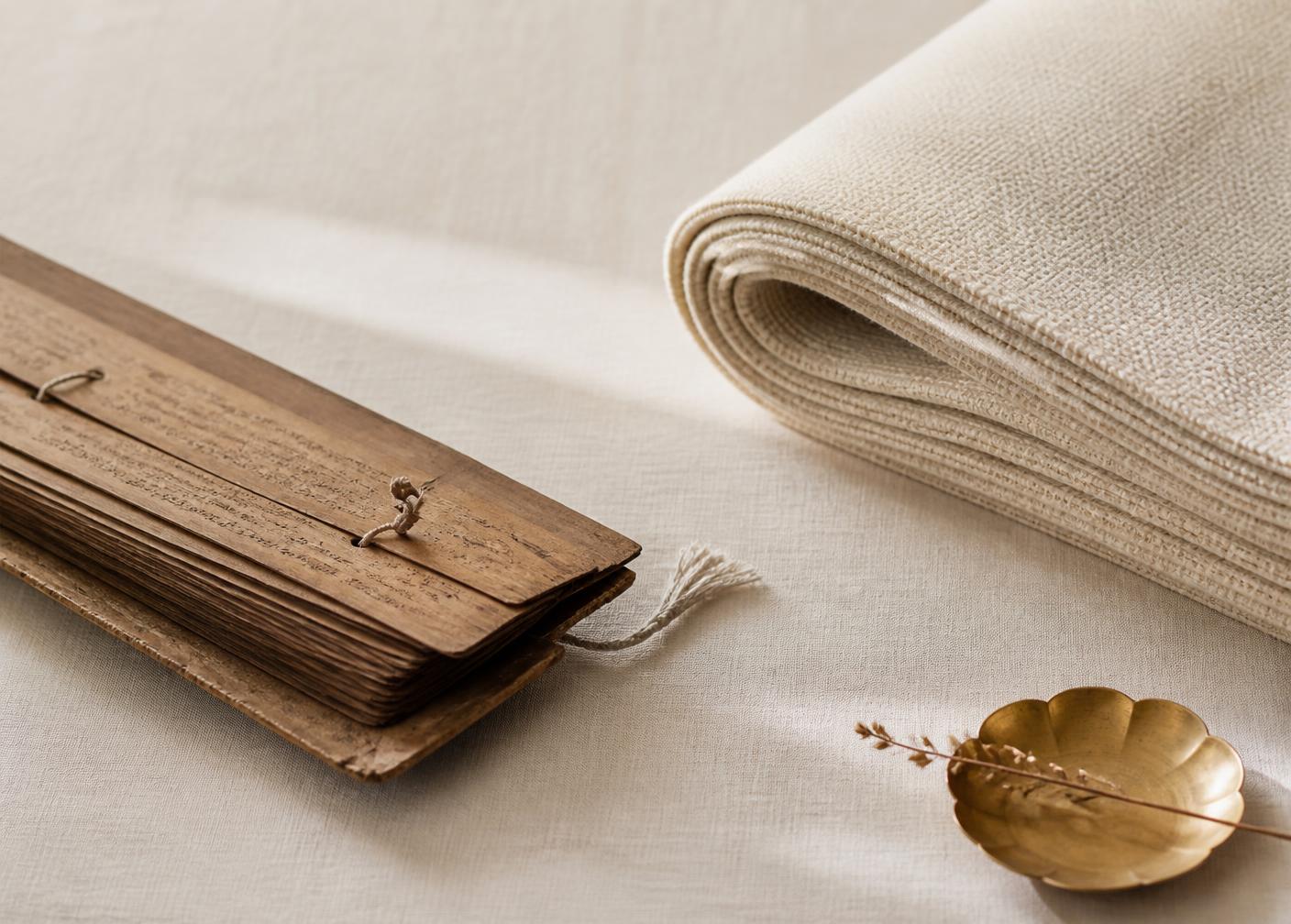 A palm-leaf manuscript resting beside a folded yoga mat